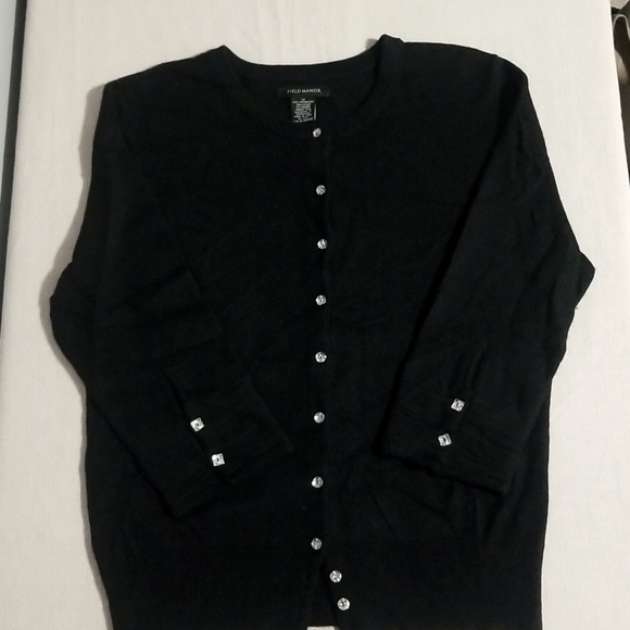 Field Manor Black Button Down 3/4 Tussah Silk Blend Cardigan size Medium - Picture 2 of 7